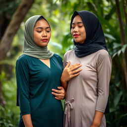 Two beautiful 20-year-old Indonesian women standing close together, each gently holding the other's natural breasts with closed eyes