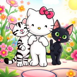 A cute and adorable Hello Kitty character, standing in a playful pose alongside her two brothers