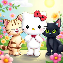 A cute and adorable Hello Kitty character, standing in a playful pose alongside her two brothers