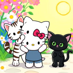 A cute and adorable Hello Kitty character, standing in a playful pose alongside her two brothers