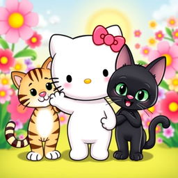 A cute and adorable Hello Kitty character, standing in a playful pose alongside her two brothers