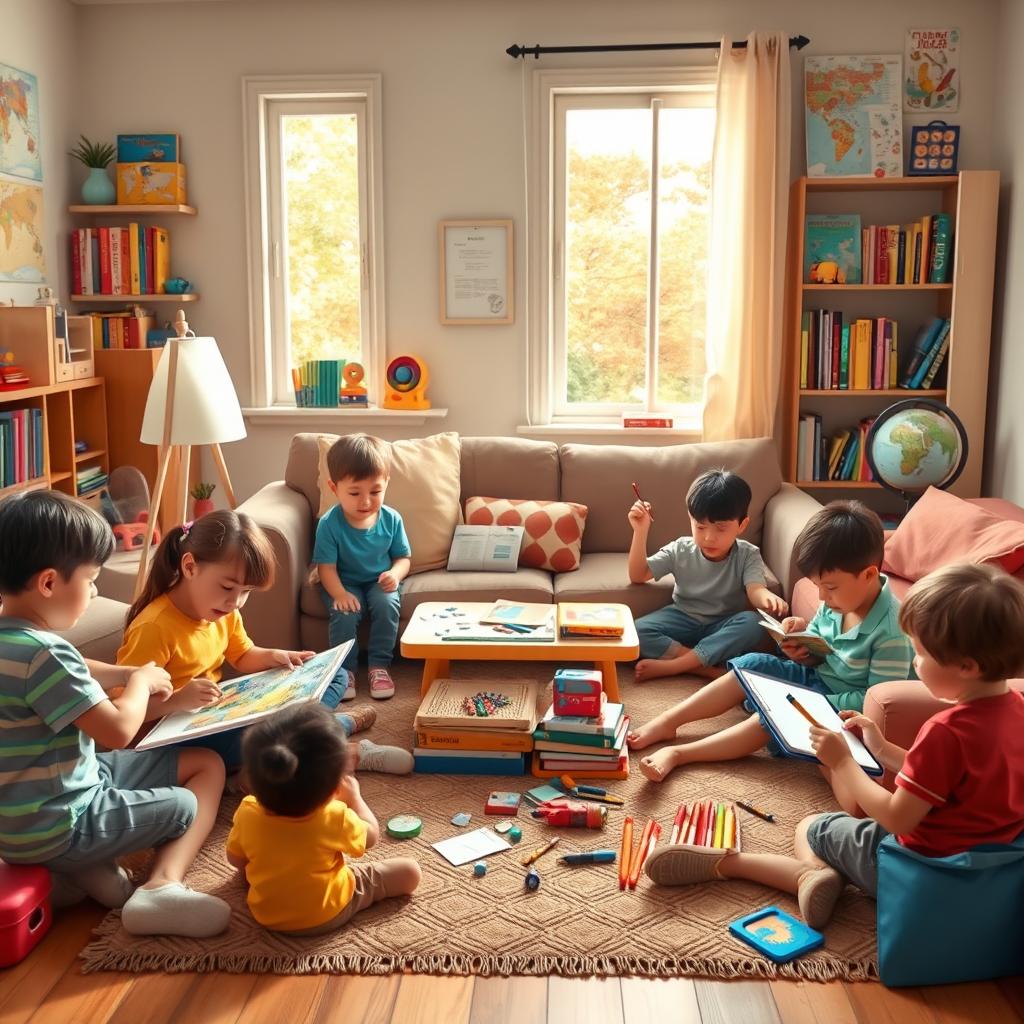 A vibrant and engaging homeschooling scene featuring a diverse group of children engaged in different educational activities