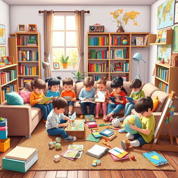 A vibrant and engaging homeschooling scene featuring a diverse group of children engaged in different educational activities