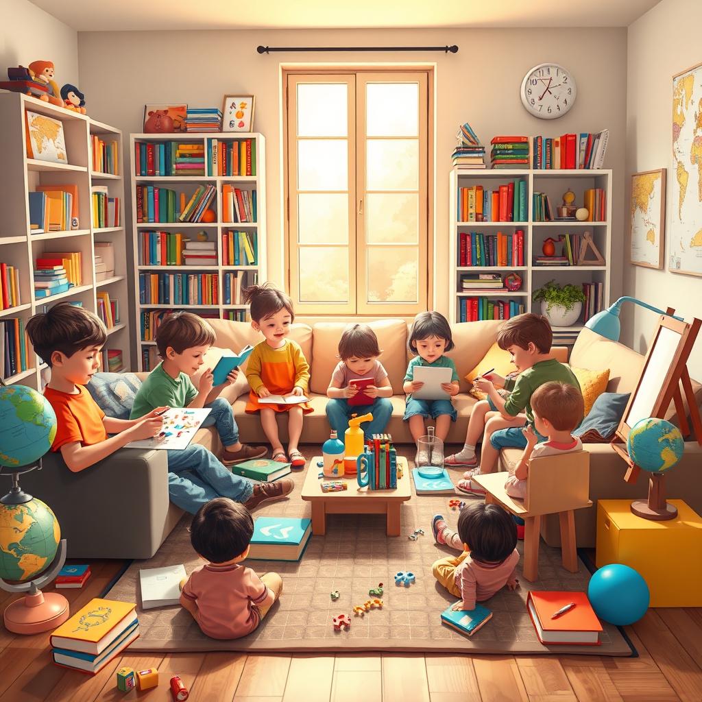 A vibrant and engaging homeschooling scene featuring a diverse group of children engaged in different educational activities