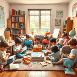 A vibrant and engaging homeschooling scene featuring a diverse group of children engaged in different educational activities