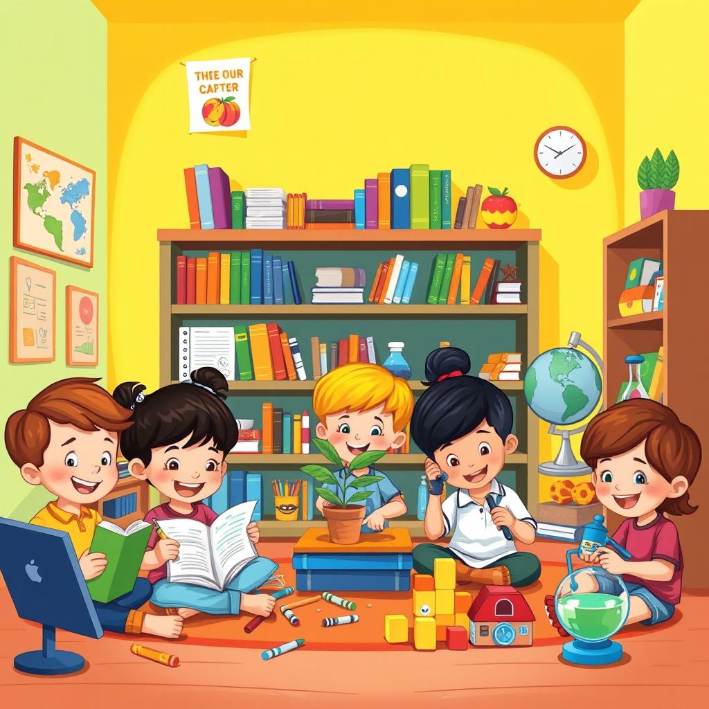 A colorful and playful cartoon illustration of a homeschooling environment