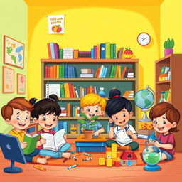 A colorful and playful cartoon illustration of a homeschooling environment