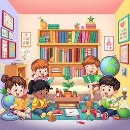 A colorful and playful cartoon illustration of a homeschooling environment