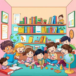 A colorful and playful cartoon illustration of a homeschooling environment