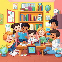 A colorful and playful cartoon illustration of a homeschooling environment