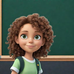 An animated sticker of a brown, curly-haired girl with green eyes, facing a blackboard at school and writing on it.