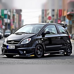 A black 2005 Hyundai Getz with three doors, heavily modified with tuning enhancements