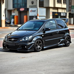 A black 2005 Hyundai Getz with three doors, heavily modified with tuning enhancements