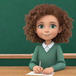 An animated sticker of a brown, curly-haired girl with green eyes, facing a blackboard at school and writing on it.