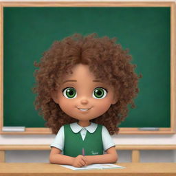 An animated sticker of a brown, curly-haired girl with green eyes, facing a blackboard at school and writing on it.