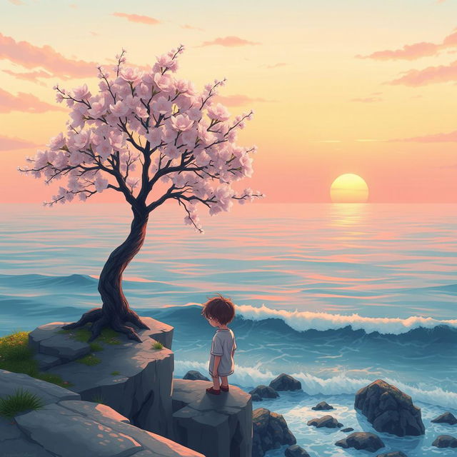 Anime Lofi album cover featuring a single cherry blossom tree in full bloom on a cliff overlooking a serene ocean