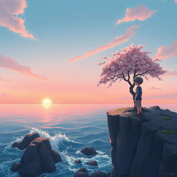 Anime Lofi album cover featuring a single cherry blossom tree in full bloom on a cliff overlooking a serene ocean