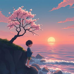 Anime Lofi album cover featuring a single cherry blossom tree in full bloom on a cliff overlooking a serene ocean