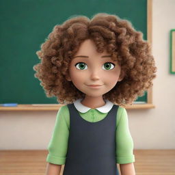 An animated sticker of a brown, curly-haired girl with green eyes, facing a blackboard at school and writing on it.