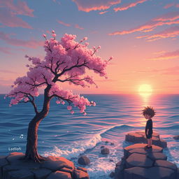 Anime Lofi album cover featuring a single cherry blossom tree in full bloom on a cliff overlooking a serene ocean