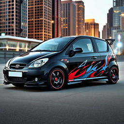 A 2005 black Hyundai Getz with a tuning design, featuring three doors and distinctive vinyl decals