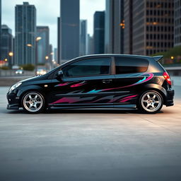 A 2005 black Hyundai Getz with a tuning design, featuring three doors and distinctive vinyl decals