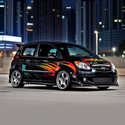 A 2005 black Hyundai Getz with a tuning design, featuring three doors and distinctive vinyl decals