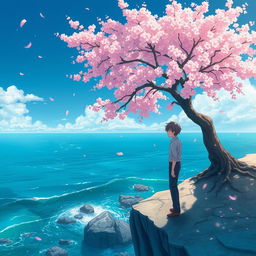 An anime lofi album cover featuring a single cherry blossom tree in full bloom, standing on the edge of a cliff overlooking a serene ocean