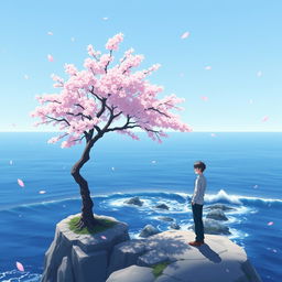 An anime lofi album cover featuring a single cherry blossom tree in full bloom, standing on the edge of a cliff overlooking a serene ocean