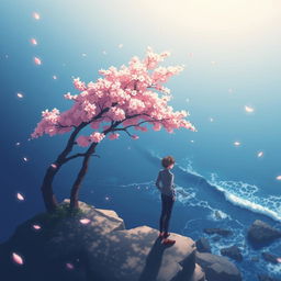 An anime lofi album cover featuring a single cherry blossom tree in full bloom, standing on the edge of a cliff overlooking a serene ocean