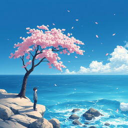 An anime lofi album cover featuring a single cherry blossom tree in full bloom, standing on the edge of a cliff overlooking a serene ocean