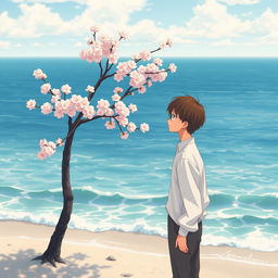 Anime Lofi album cover featuring a serene scene with a single cherry blossom tree in full bloom