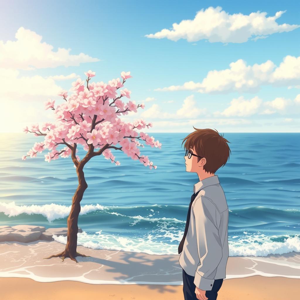 Anime Lofi album cover featuring a serene scene with a single cherry blossom tree in full bloom