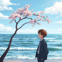 Anime Lofi album cover featuring a serene scene with a single cherry blossom tree in full bloom