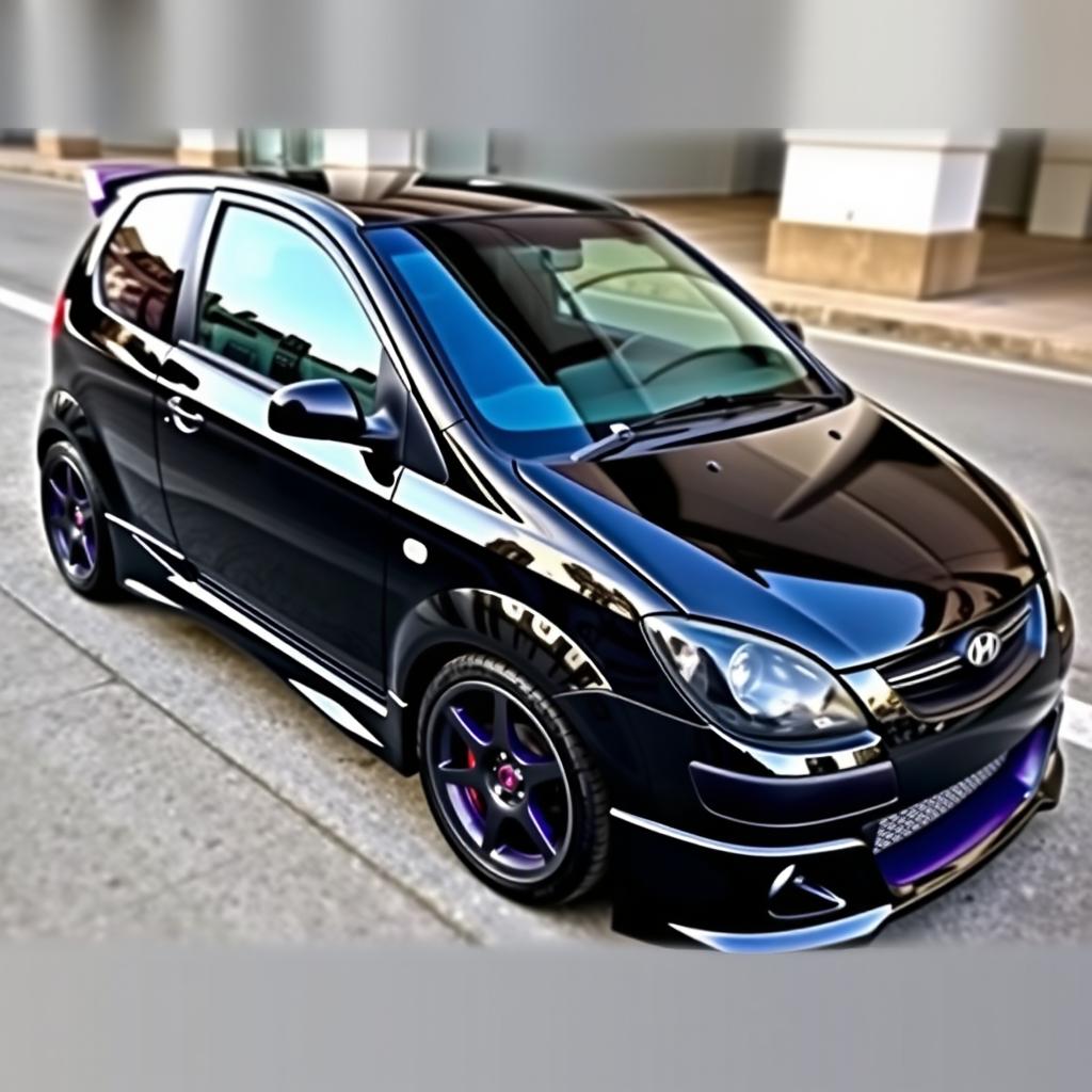 A 2005 black Hyundai Getz with three doors, expertly tuned and featuring a striking purple vinyl wrap