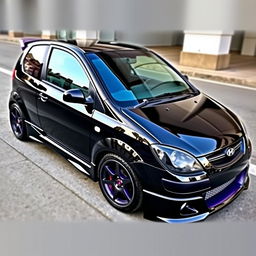 A 2005 black Hyundai Getz with three doors, expertly tuned and featuring a striking purple vinyl wrap