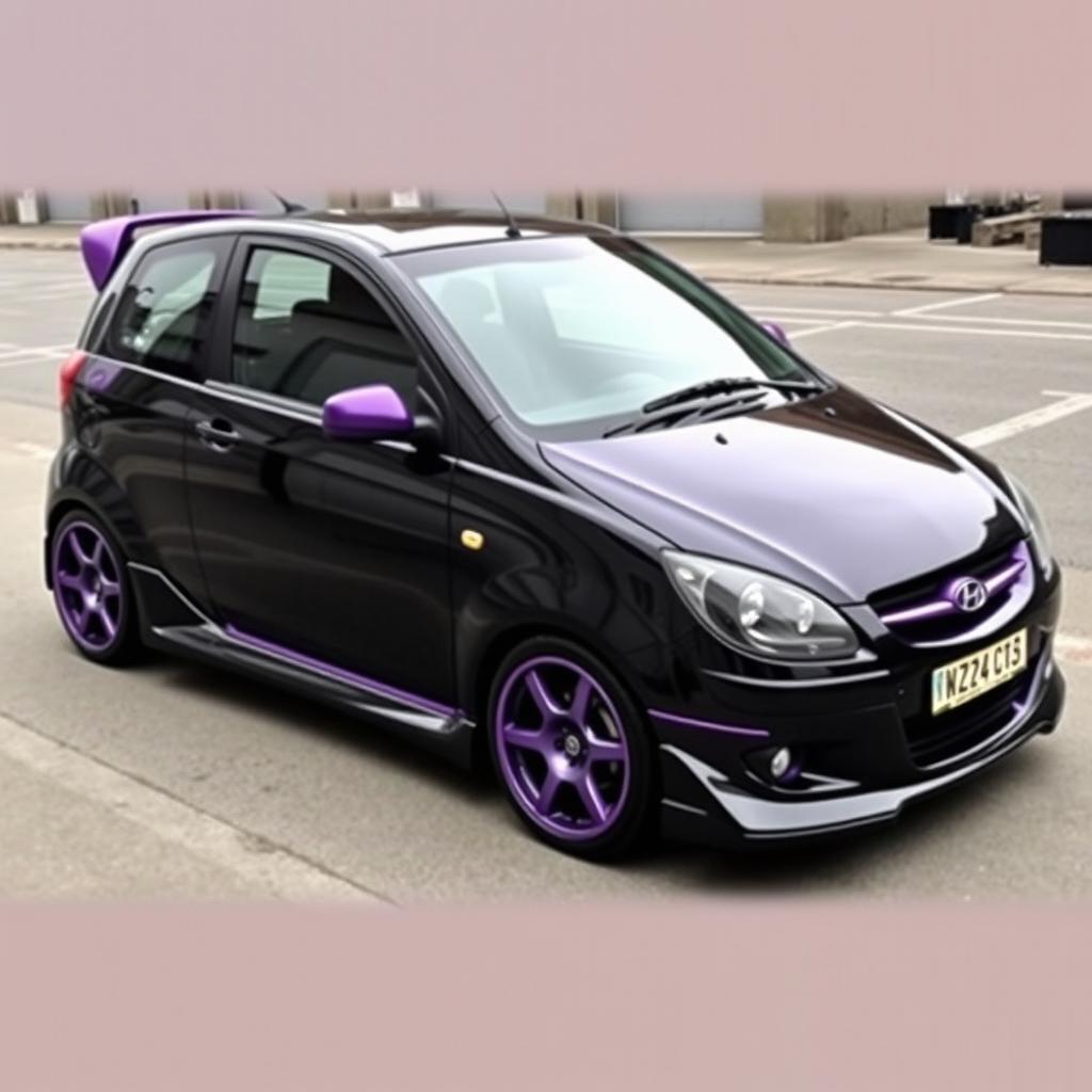 A 2005 black Hyundai Getz with three doors, expertly tuned and featuring a striking purple vinyl wrap