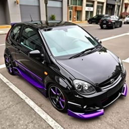 A 2005 black Hyundai Getz with three doors, expertly tuned and featuring a striking purple vinyl wrap