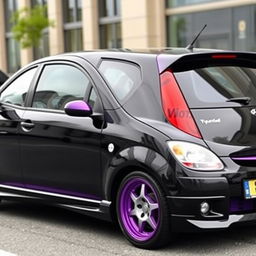 A 2005 black Hyundai Getz with three doors, expertly tuned and featuring a striking purple vinyl wrap