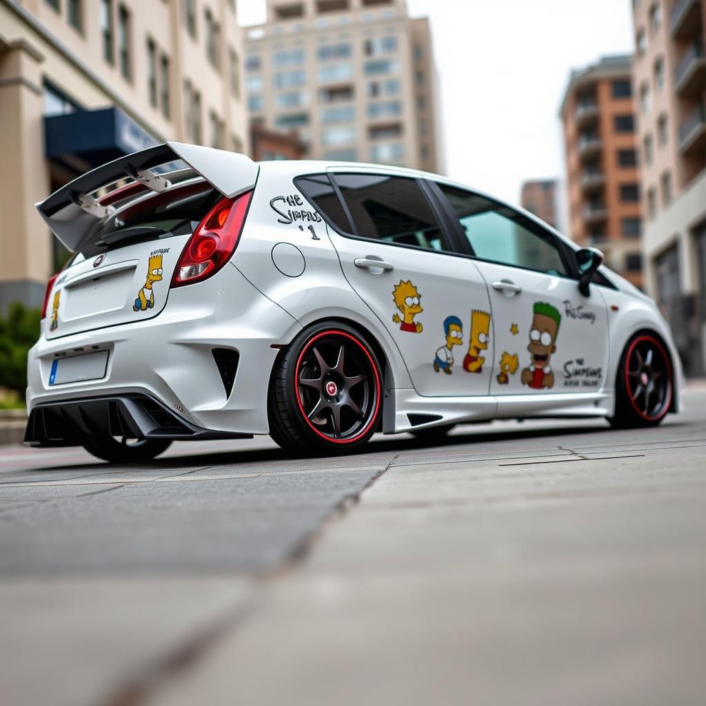 A 2013 Fiat Punto Grande, painted in a striking white color, modified with striking tuning additions