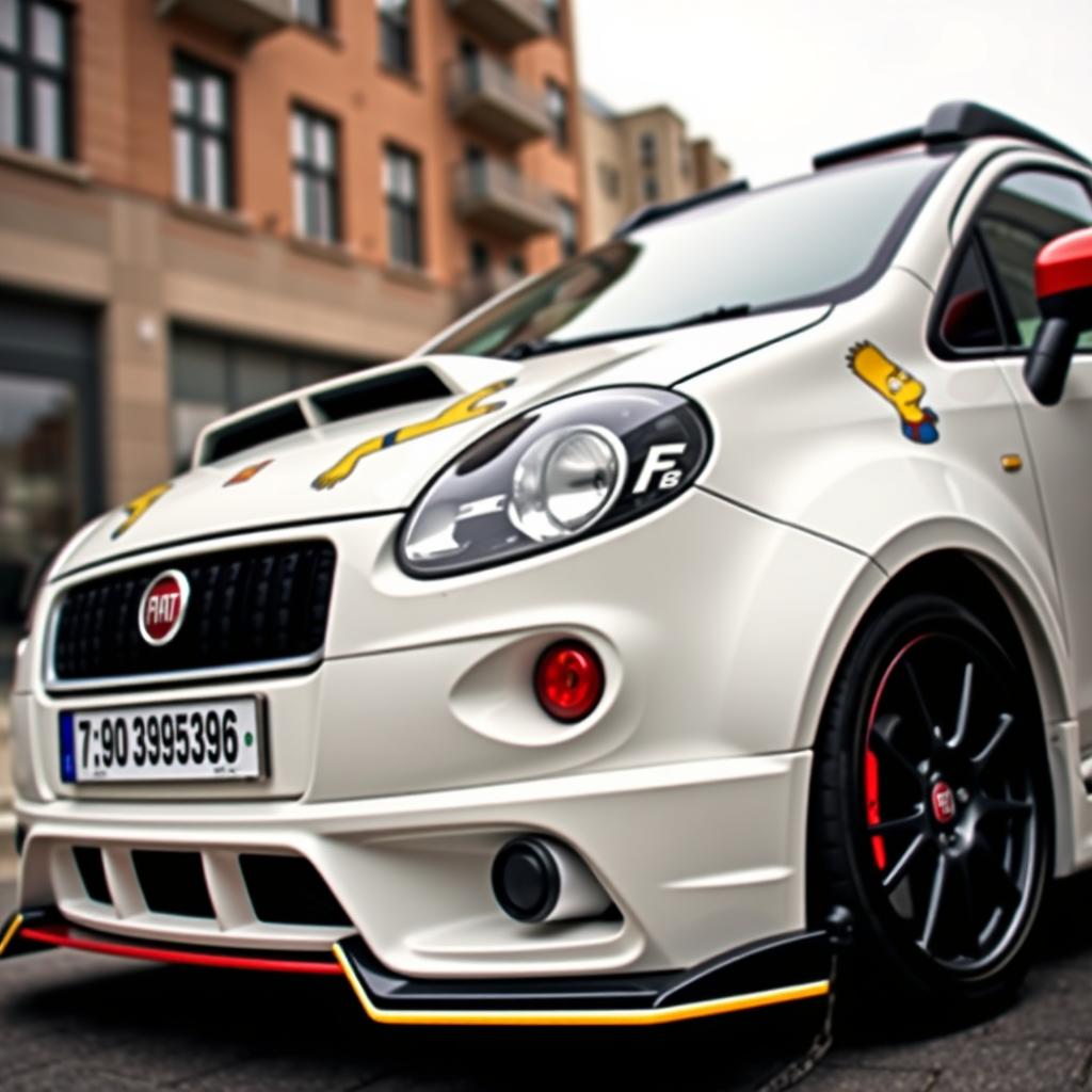 A 2013 Fiat Punto Grande, painted in a striking white color, modified with striking tuning additions