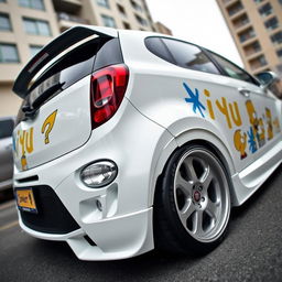 A 2013 Fiat Punto Grande, painted in a striking white color, modified with striking tuning additions