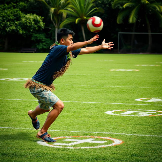 A dynamic and action-packed scene of a person playing Ki o rahi, focusing on the player applying projectile motion while throwing the ball