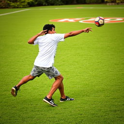 A dynamic and action-packed scene of a person playing Ki o rahi, focusing on the player applying projectile motion while throwing the ball