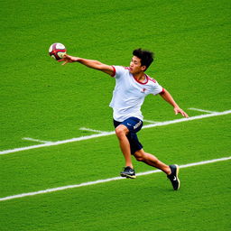 A dynamic and action-packed scene of a person playing Ki o rahi, focusing on the player applying projectile motion while throwing the ball