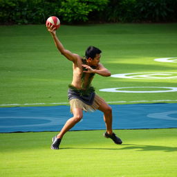 A dynamic and action-packed scene of a person playing Ki o rahi, focusing on the player applying projectile motion while throwing the ball