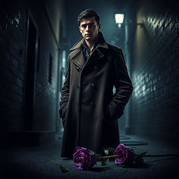 A thoughtful detective in an overcoat, standing in a dimly lit alleyway, casting an air of suspense and curiosity