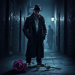 A thoughtful detective in an overcoat, standing in a dimly lit alleyway, casting an air of suspense and curiosity