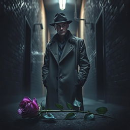 A thoughtful detective in an overcoat, standing in a dimly lit alleyway, casting an air of suspense and curiosity