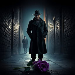 A thoughtful detective in an overcoat, standing in a dimly lit alleyway, casting an air of suspense and curiosity